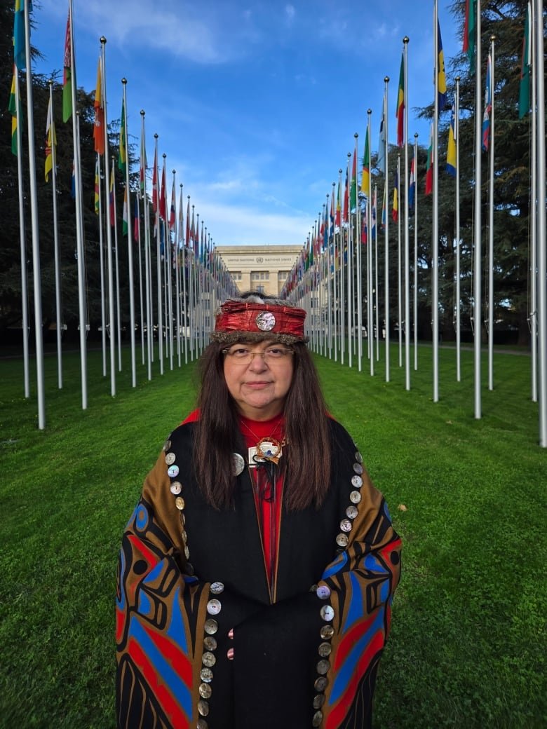 An Indigenous woman wearing regalia is seen amidst a row of country's flags.