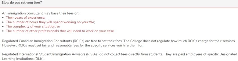 cicc-screenshot-png A screenshot of how the College of Immigration and Citizenship Consultants guides consultants to set their fees.