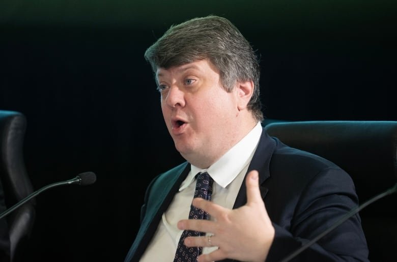 foreign-interference-20240409 A man in a suit gestures with his hand as he speaks into a microphone.