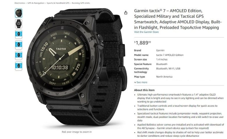 garmin-watch A screenshot from Amazon's website of a black watch with a thick wristband and large face. Details about the item are listed in small font on the right.