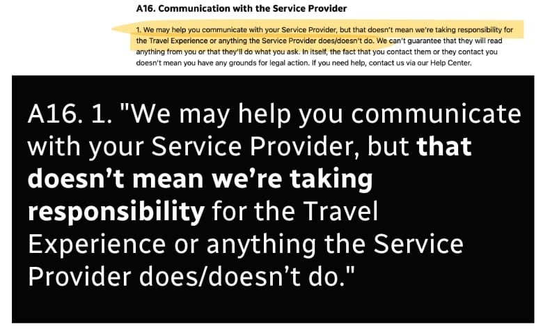 A screenshot of a clause of booking.com's terms of service reads says the company doesn't take responsibility for the travel experience.