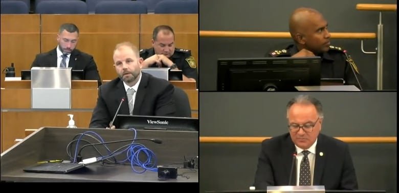 gold-heist-update-peel-police Det. Sgt. Mike Mavity (left) updates the Peel Police Service Board on the status of his investigation into the April 2023 Toronto airport gold heist. Investigators now concede that the gold was smuggled out of Canada — likely to India or Dubai — shortly after the robbery.