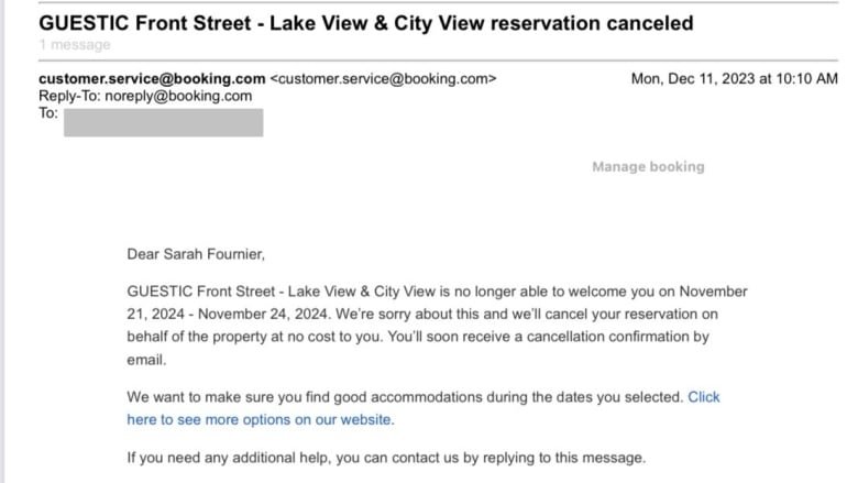 A screengrab of an email from customer.service@booking.com informing Sarah Fournier that her Toronto vacation rental reservation has been cancelled.