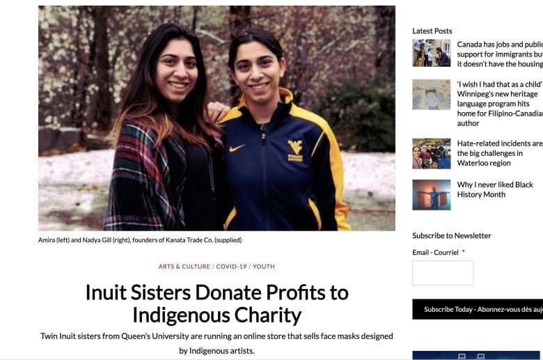new-canadian-media-amira-nadya-gill A screenshot of a news article featuring two smiling women, with the headline "Inuit Sisters Donate Profits to Indigenous Charity".