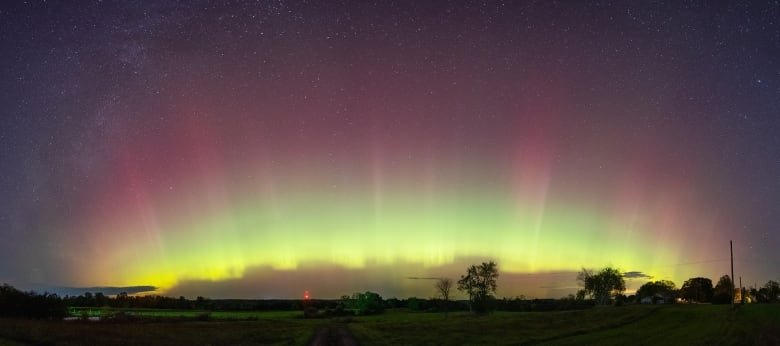 oct-8-northern-lights-ontario The sky is seen with green and red lights stretching upward with trees in the foreground.