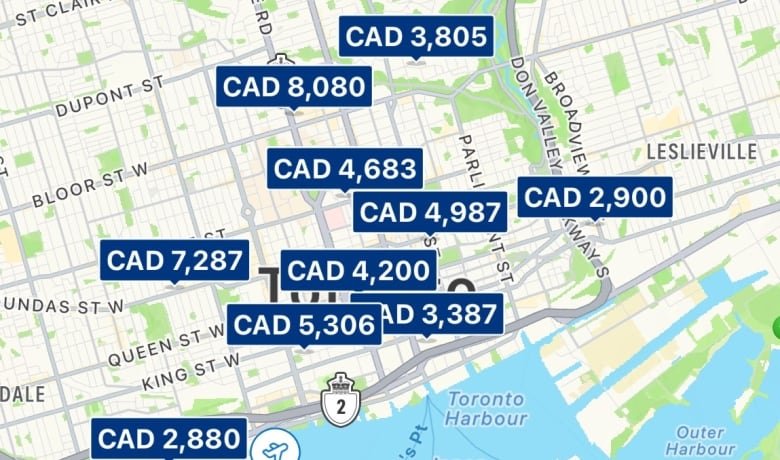 A screengrab of Toronto on Google maps with multiple blue tags showing sky high prices for overnight accommodations.