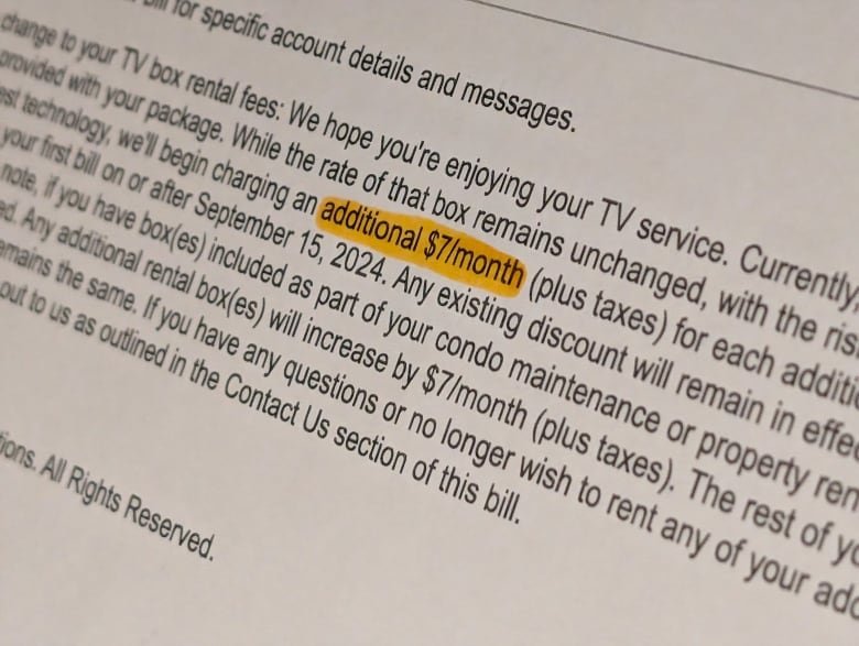 rogers-price-increase A closeup of a document -- the words 'additional $7/month' are highlighted.