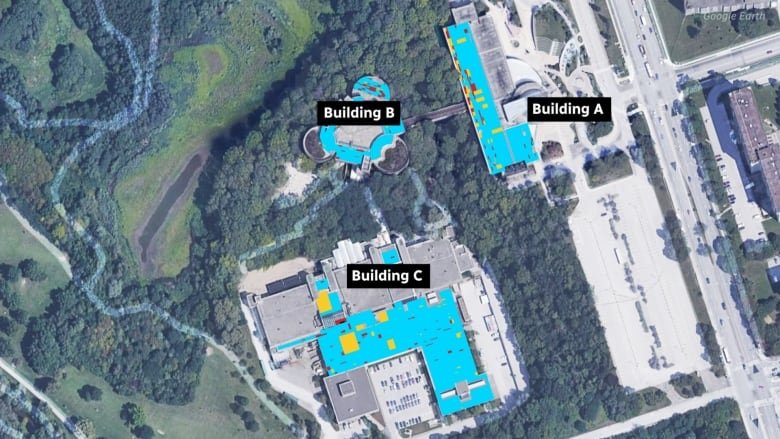 science-centre-1 A map with colours that show what parts of the Science Centre roof panels were labelled high and critical risk of collapsing.