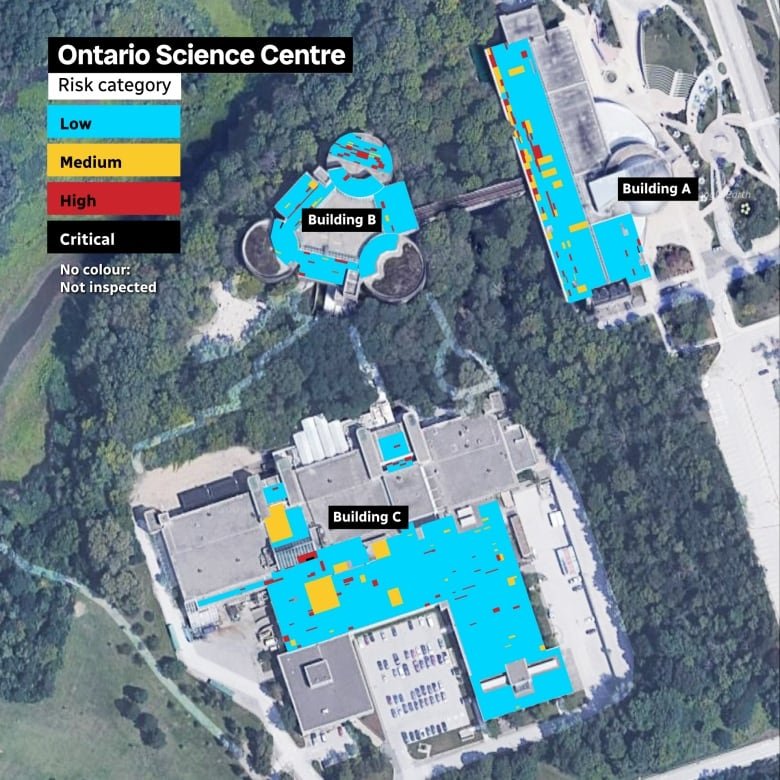 science-centre-graphic A map with colours that show what parts of the Science Centre roof panels were labelled high and critical risk of collapsing.