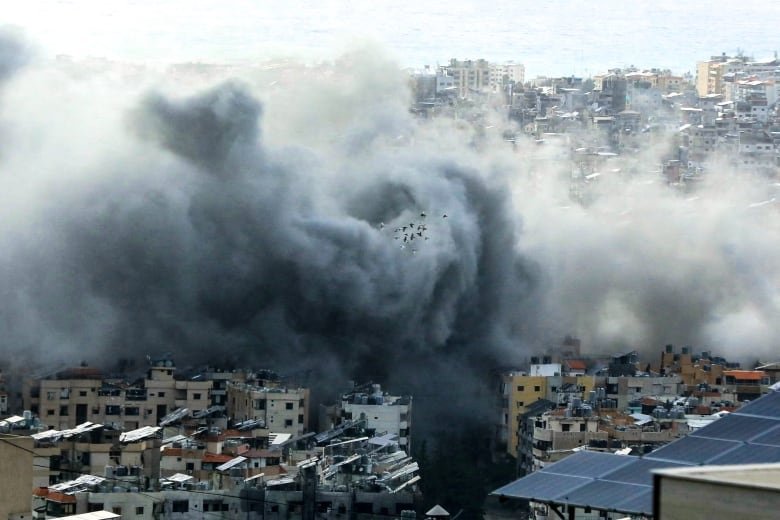 A large plume of smoke rises above a city.