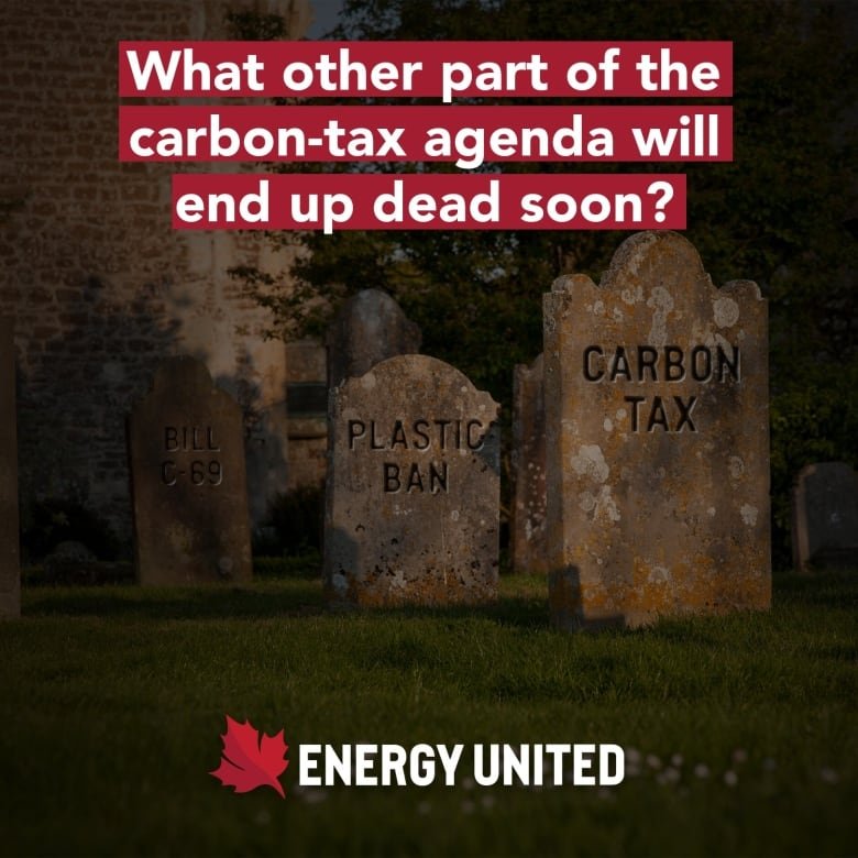 An ad image shows graves labellen "Carbon Tax" and "Plastic Ban" with the text, "What other part of the carbon-tax agenda will end up dead soon?"