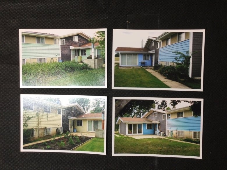 Four photographs of buildings with different coloured trim on them.