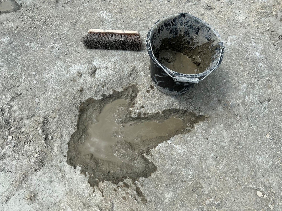 britain-dinosaur-tracks-1 Dinosaur footprint in dirt with bucket
