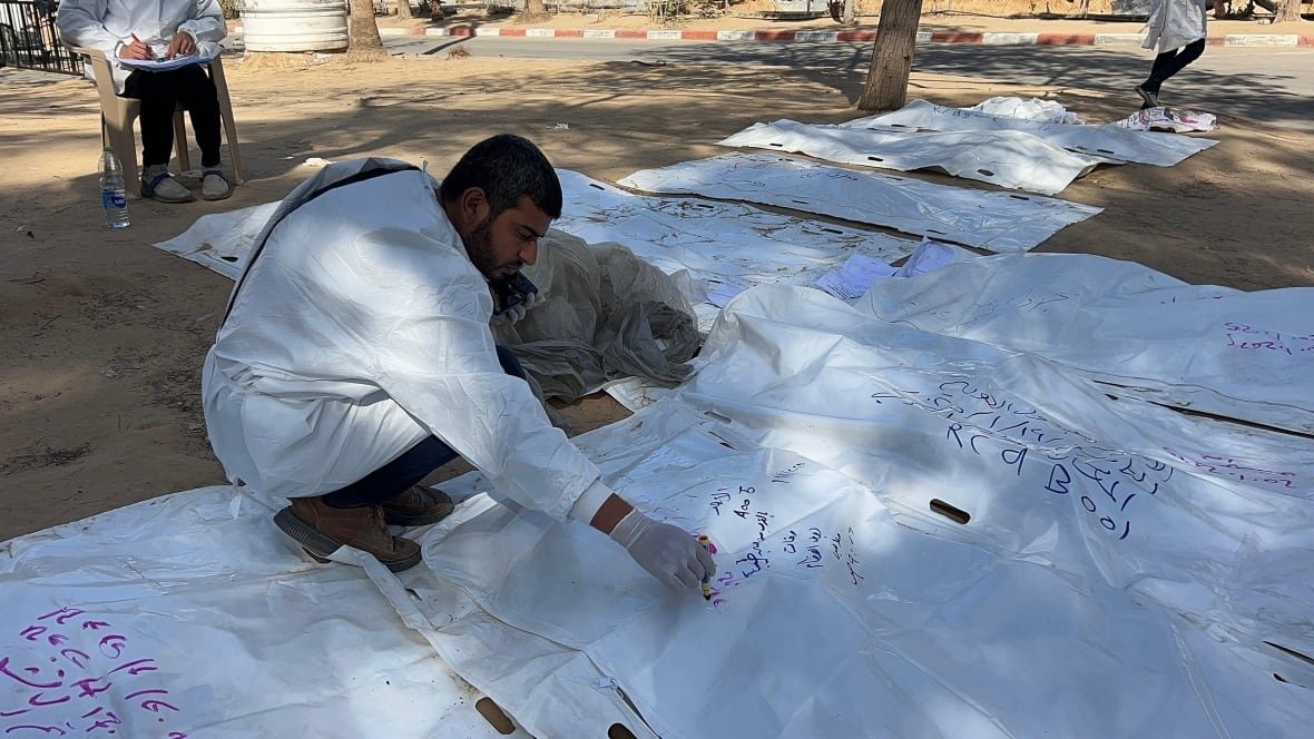 bodies-recovered-gaza A worker marks the white shroud wrapping the remains of a person killed in Gaza.