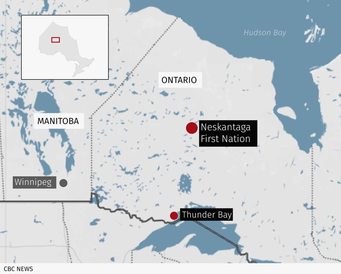neskantaga-map A map shows the locations of Neskantaga First Nation and Thunder Bay, Ont.