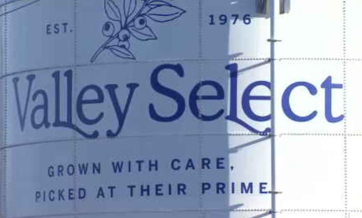valley-select A sign with blue text on a white background that reads: Valley Select, Grown With Care, Picked At Their Prime.