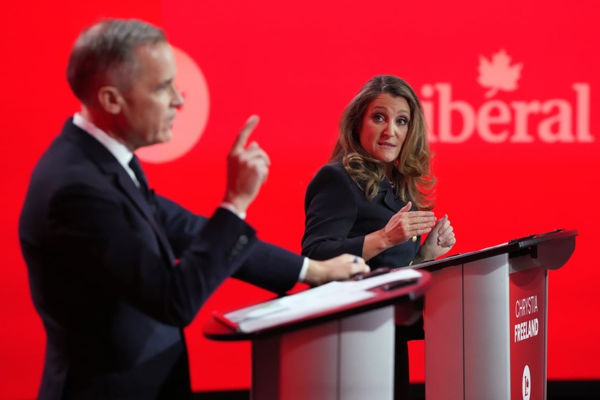 carney-freeland Liberal Party of Canada leadership candidates Mark Carney and Chrystia Freeland speak during the French-language Liberal Leadership debate in Montreal, Monday, Feb. 24, 2025. The Federal Liberals will pick a new leader on March 9.