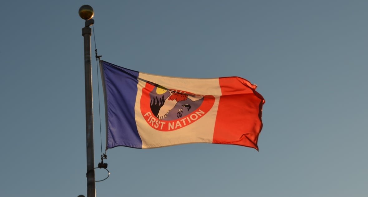 deninu-k-first-nation A flag with three vertical stripes of blue, white and red and First Nation's emblem in the middle.