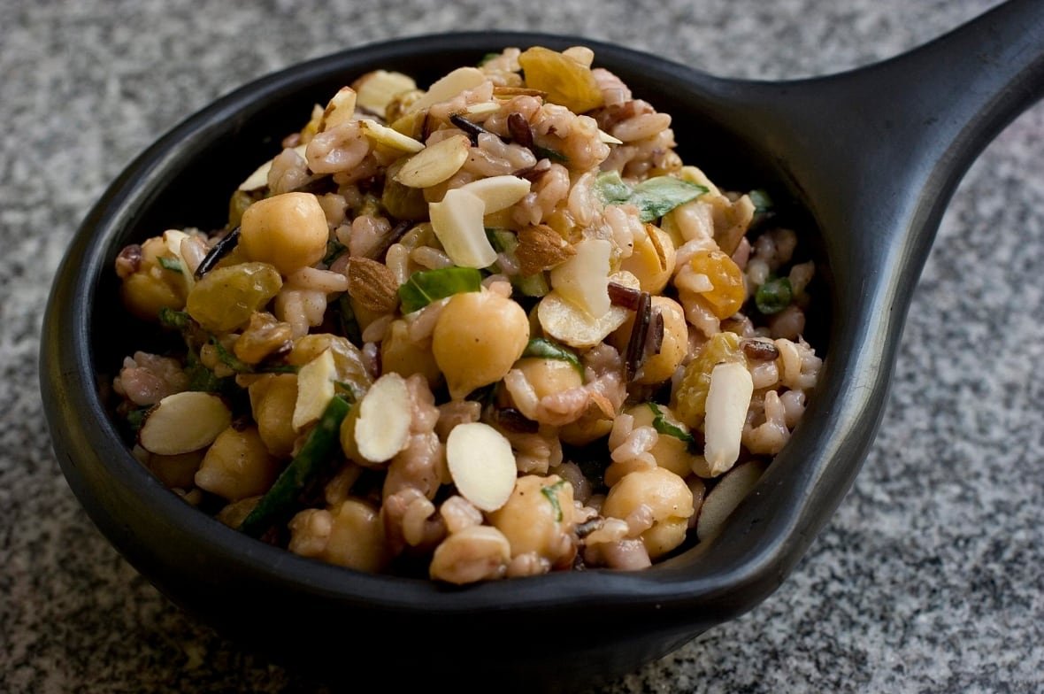 food-rice-salad A spoon of wild rice and barley salad high in fibre.