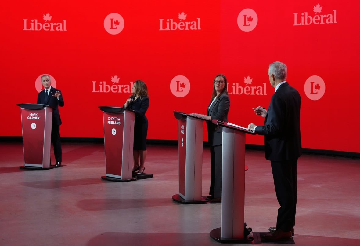 liberal-leadership-candidates Liberal Party of Canada leadership candidates Mark Carney, Chrystia Freeland, Karina Gould and Frank Baylis pose prior to the French-language Liberal Leadership debate in Montreal, Monday, Feb. 24, 2025. The Federal Liberals will pick a new leader on March 9. THE CANADIAN PRESS/Christinne Muschi