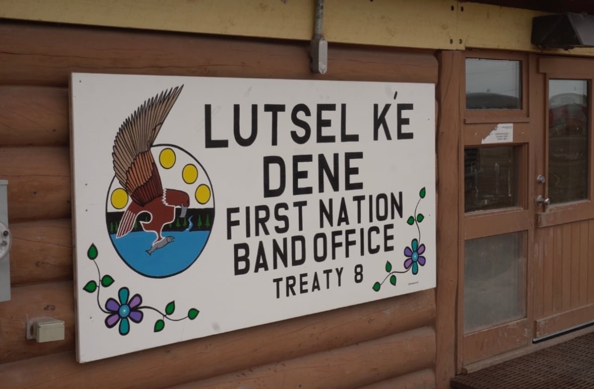 lutsel-k-e-dene-first-nation-band-office A sign on a building says Lutsel K'e Dene First Nation band office treaty 8.