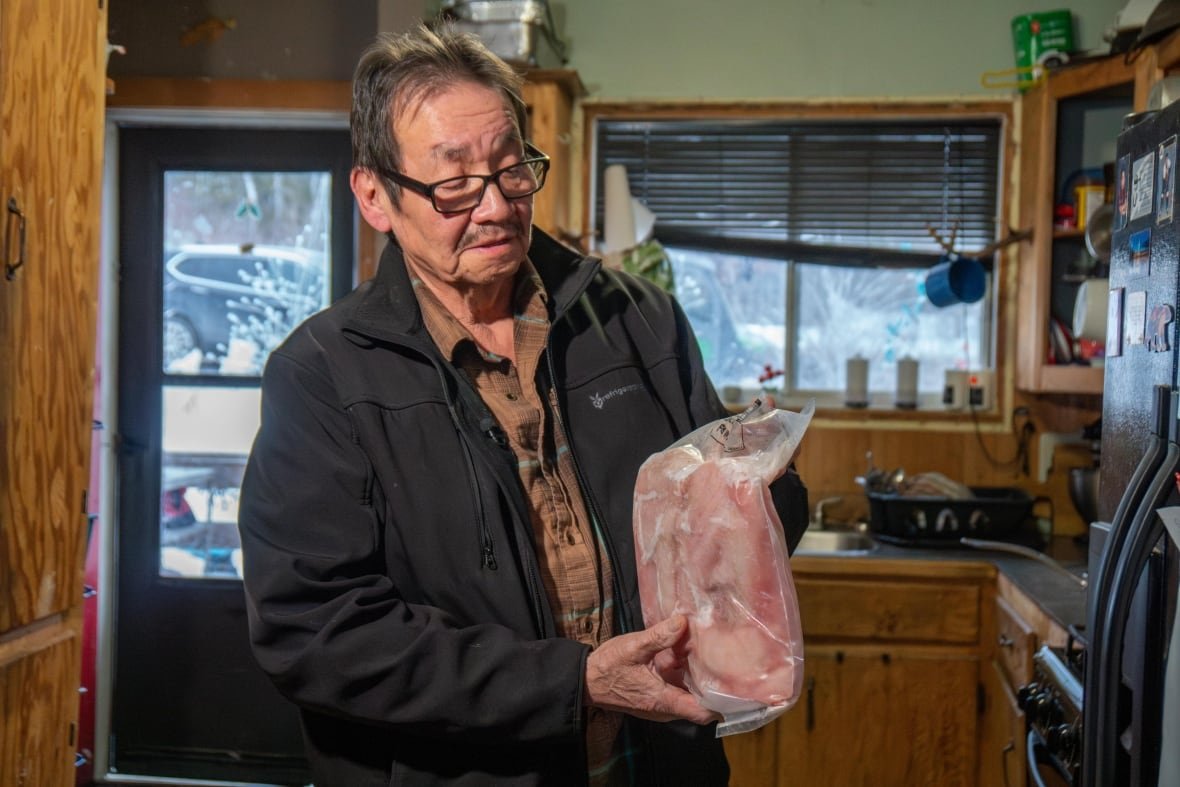 robert-williamson A person is seen holding a bag of frozen fish in a kitchen.