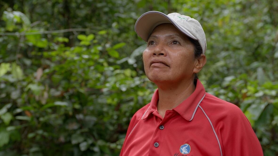 sharedplanet-orangutansinggong A woman wearing a red shirt stands with her back to camera