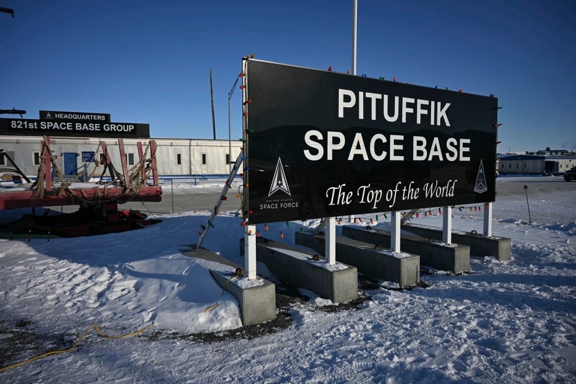 sign-stating-name-of-pituffik-space-base-in-greenland A sign bearing the name of the Pituffik Space Base in Greenland.