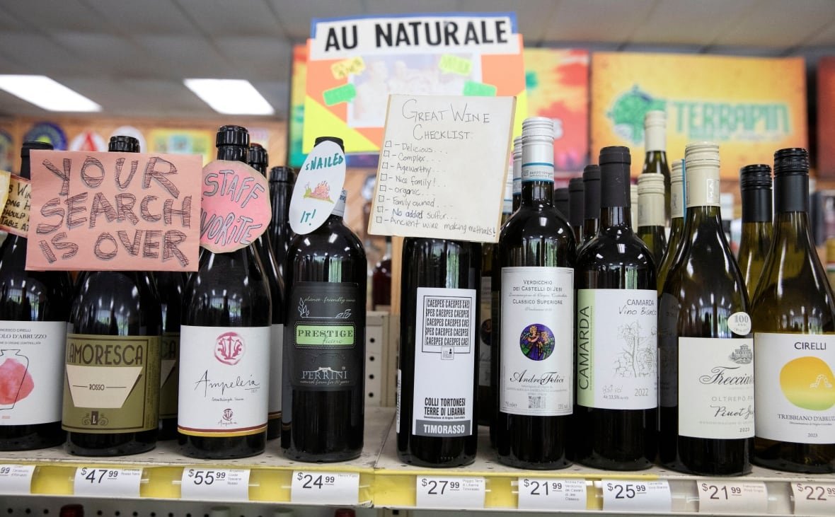 usa-trump-tariffs Wine is shown in a row on a shelf with varying prices.