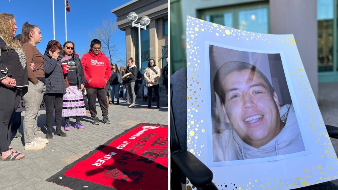 dale-culver-indigenous-man In this photo collage, people stand beside a large blanket that says 'Dale Culver' on the left, while a picture of Dale Culver sits outside the Prince George courthouse on the right.