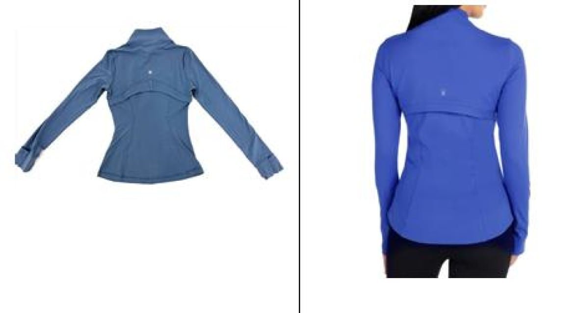 define-vs-spyder-lululemon-lawsuit Two jackets are pictured side by side, one a light blue and one in purple. both have similar arched lines across the back.
