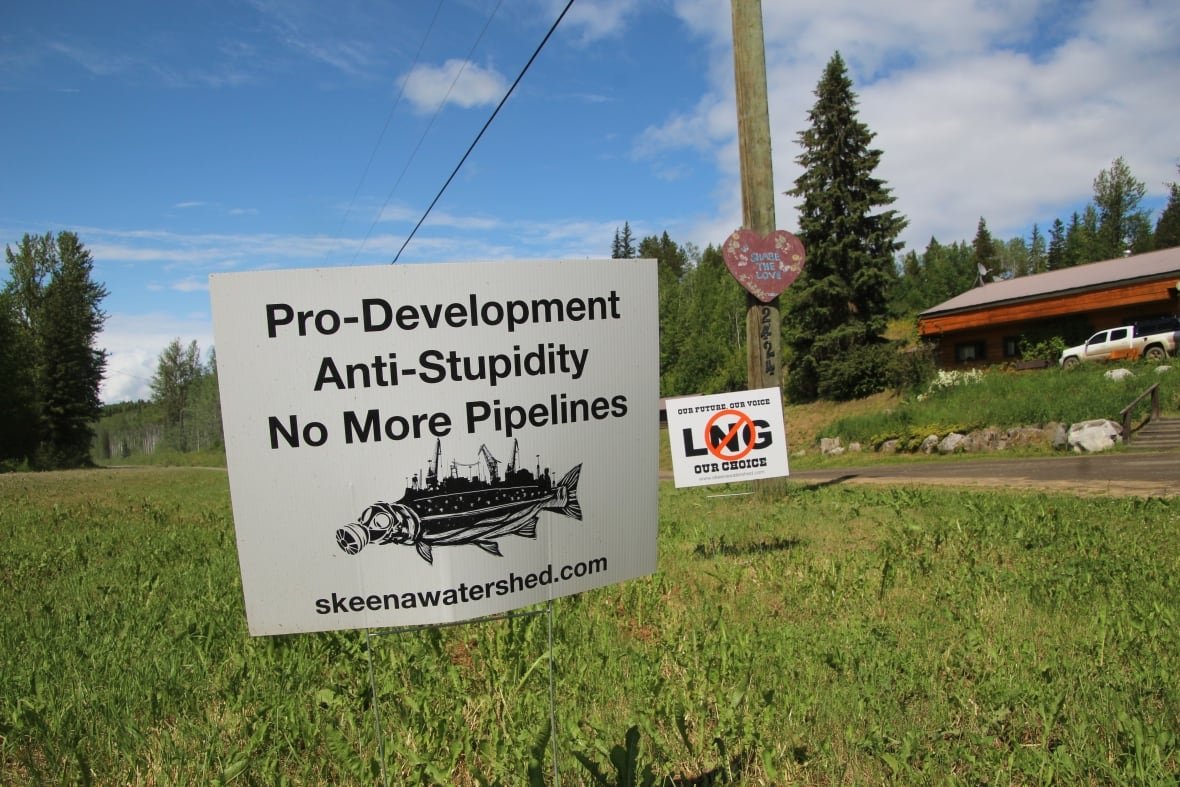 lng-signs A pipeline protest sign is pictured on the side of the road. Just behind it is a sign with a "no" symbol overlaying the words "LNG."