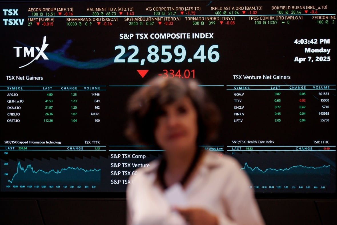 tsx-tariff-closed-low A ticker in the Toronto Stock Exchange shows North American stock markets closed low.