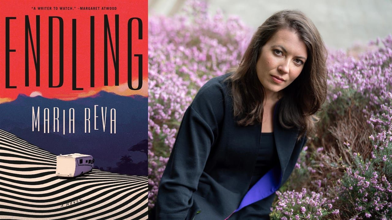 A composite image showing a book cover with a trailer car on striped land with mountains in the background, alongside a black and white headshot of a woman.