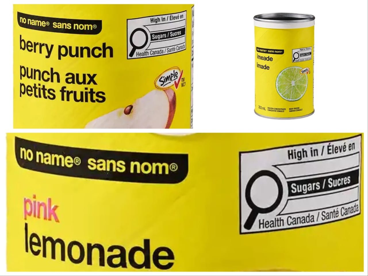 default-91 A collage of bright yellow cans with black Helvetica text, labelled limeade, pink lemonade, and berry punch.