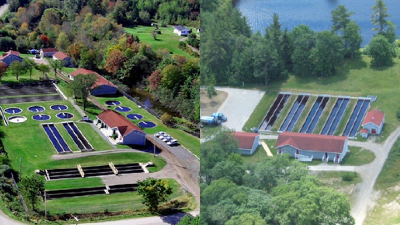 Two photos. Both show a small structure with red roofs next to several pools of varying shapes.
