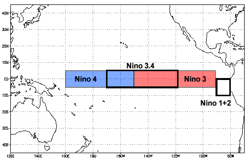 default-1 A simple black and white map of the Pacific Ocean with a rectangular box shows different regions where the development of an El Niño or La Niña are monitored.