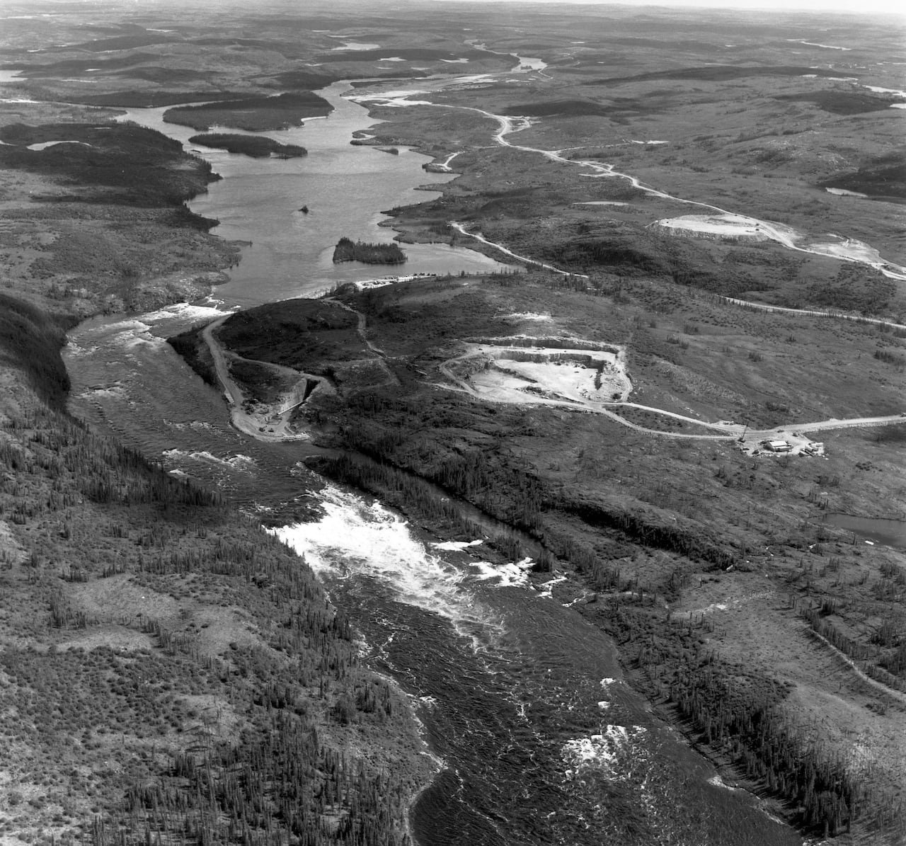 default-122 An aerial view of a river in black and white