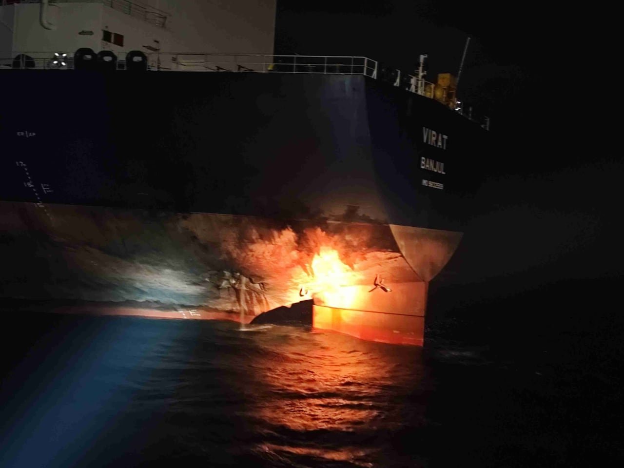 Damage is shown to the crude oil tanker Virat after the crew reported that it was hit by a drone. Ukraine's security services have claimed responsibility.